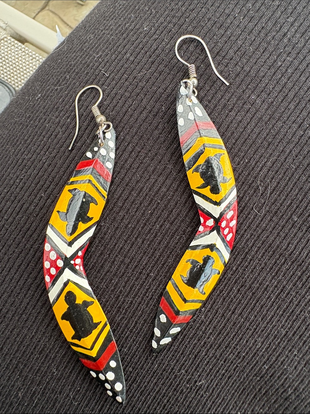 Hand-Painted Turtle Motif Curved Drop Earrings - Yellow, Red, Black